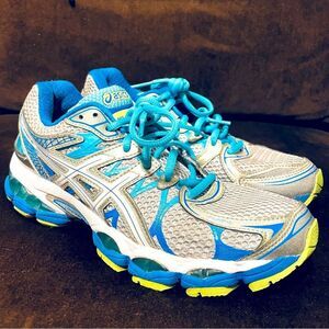 Excellent Asics GEL Nimbus 16 grey blue lime womens running shoes 7.5 Medium